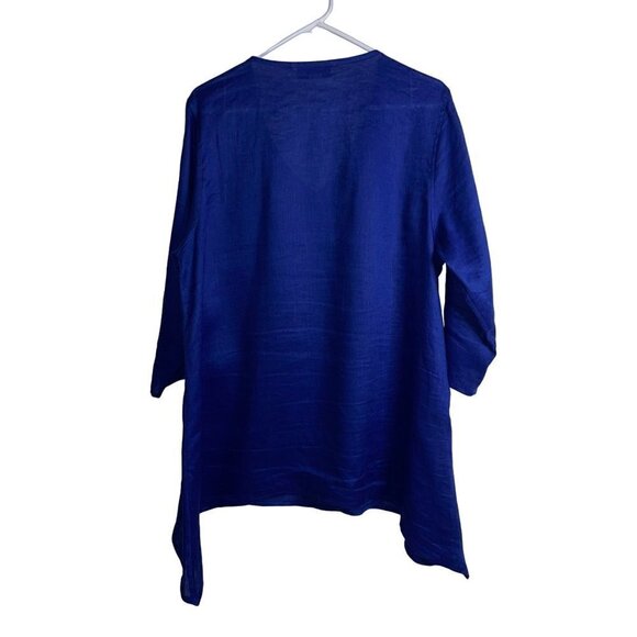 Caroline Rose Womens Tunic Size XL Blue Pure Linen Sharkbite Hem Made In USA - Picture 2 of 8